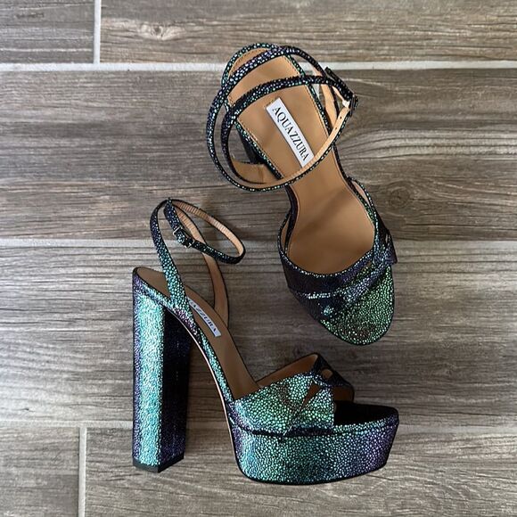 AQUAZZURA Sinner Ombre Platform Ankle-strap Sandals Sz 40 Petroleum Blue NIB - Picture 8 of 13